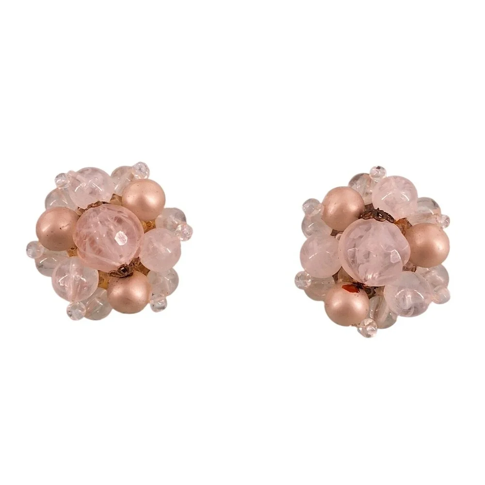 Vintage West Germany‎ Pink Swirl Lucite & Faux Pearl Cluster Clip-On Earrings