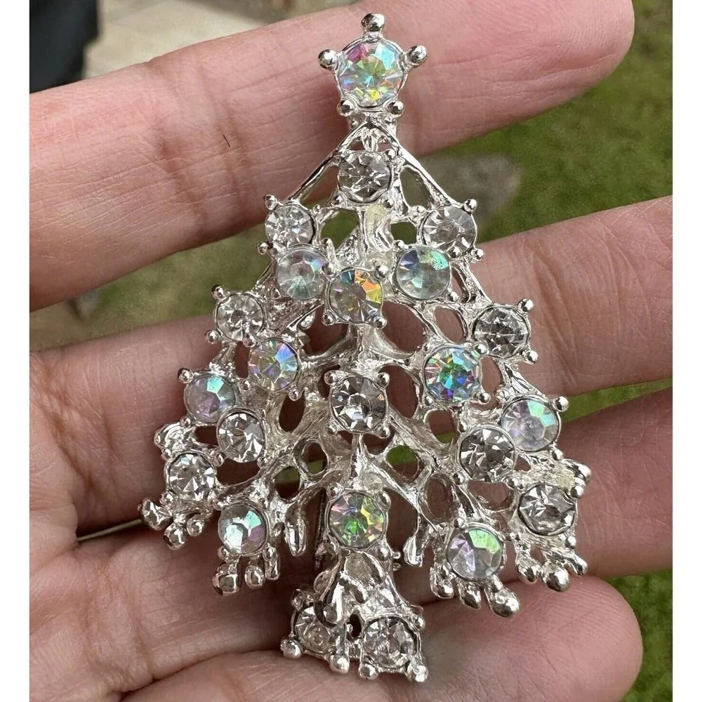VTG Christmas Tree Brooch Pin 2 Inch Silver‎ Rhodium Multicolor AB Rhinestones
