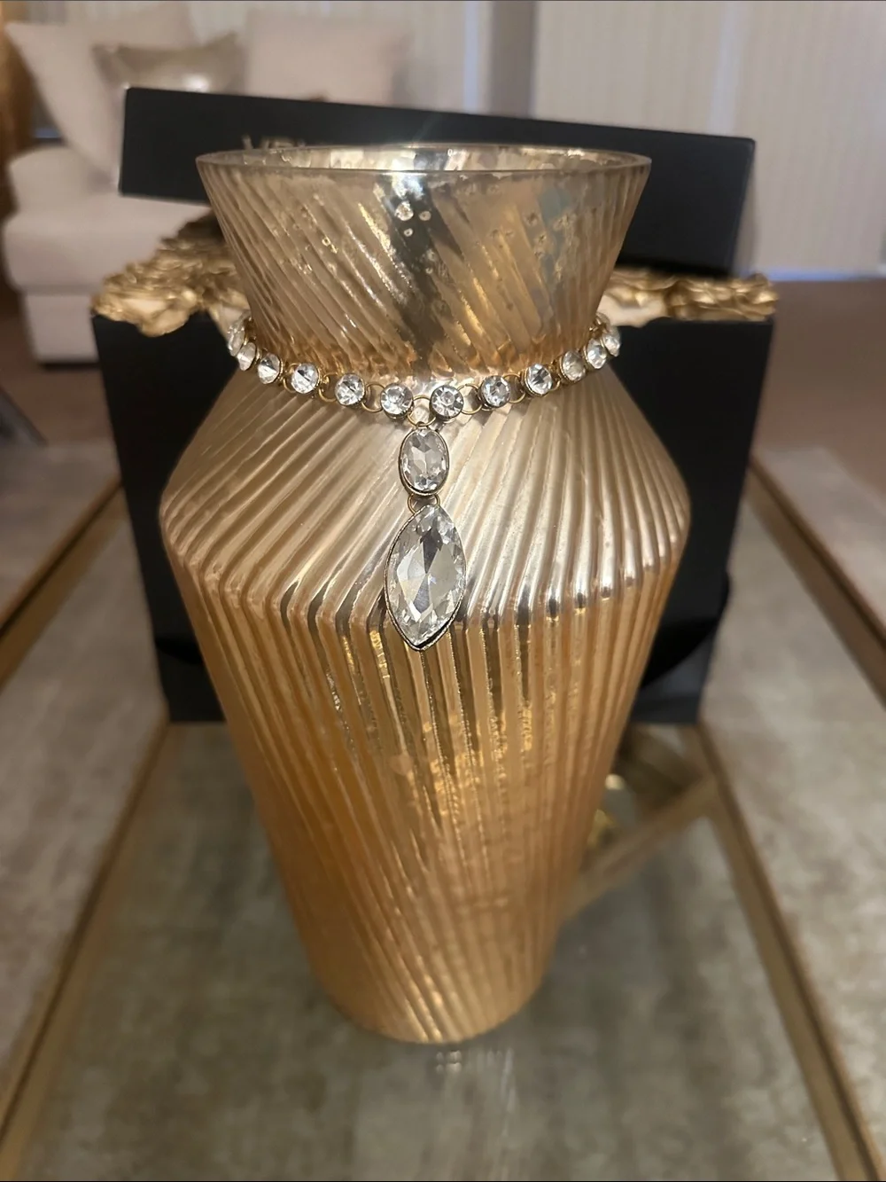 Gold Ribbed Decorative Vase with Crystal Pendant