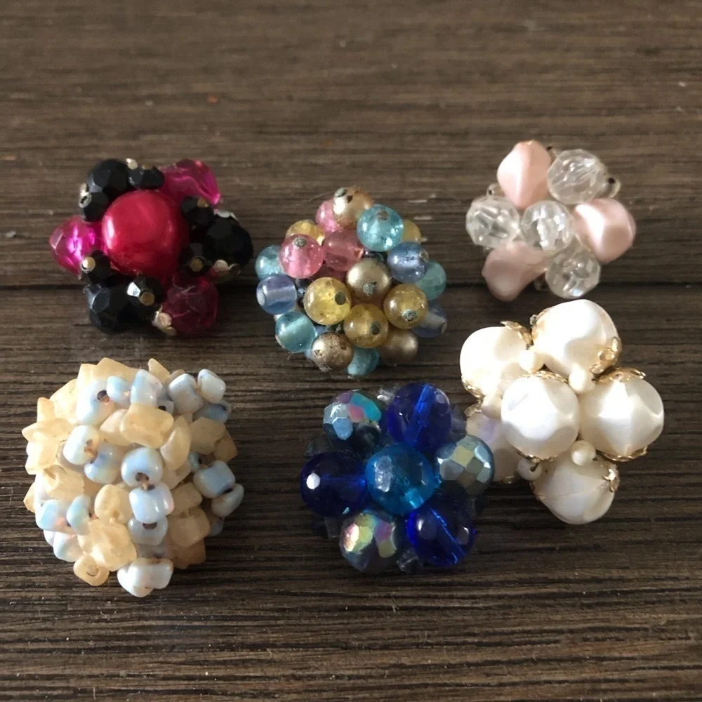 Vintage single beaded clip on earrings set of 6
