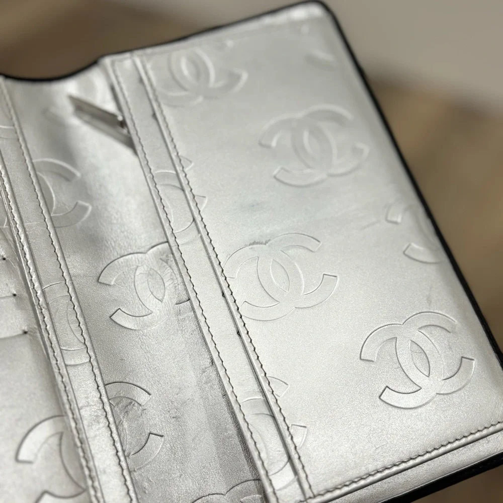 CHANEL Black and Silver Quilted Wallet