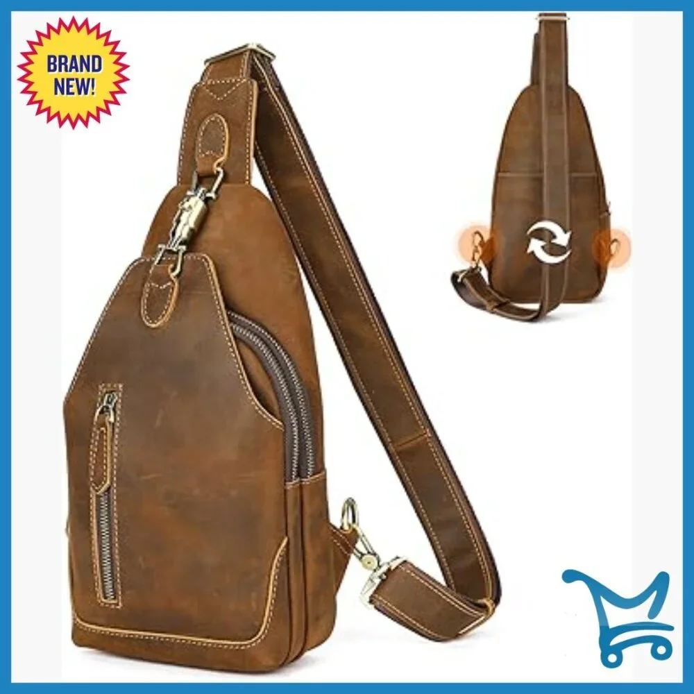 Genuine Leather Crossbody Sling Bag Adjustable Strap Vintage Style Daypack