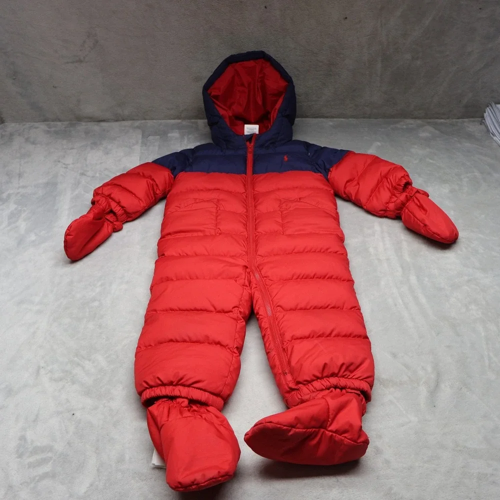 Ralph‎ Lauren Bunting Kids 24M Red Quilted Puffer Snowsuit Winter Mittens Footed