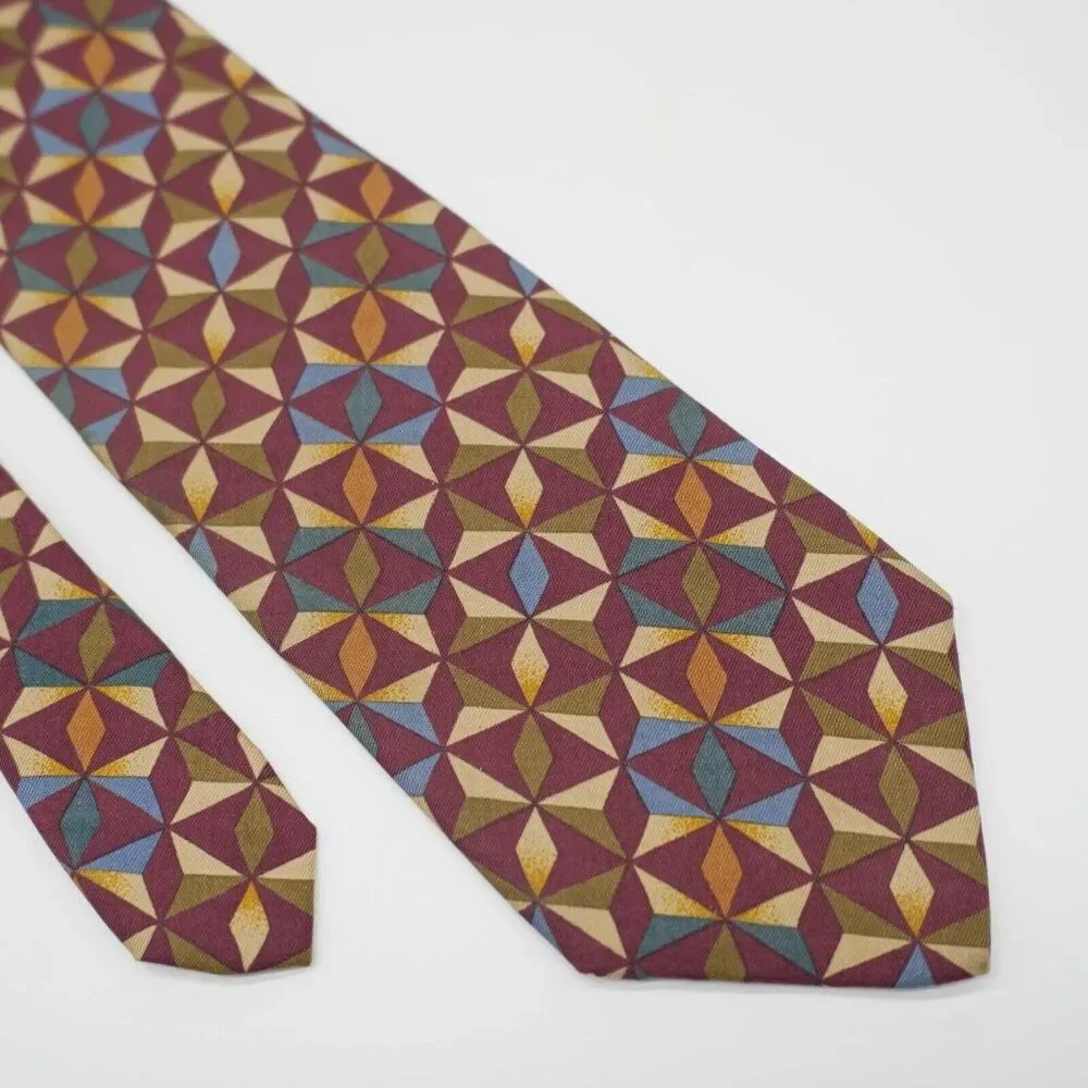 Jos A Bank Executive Red Tan Green Geometric‎ Print Silk Tie