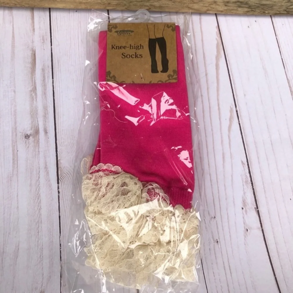 NWT boutique hot‎ pink with cream lace boot socks