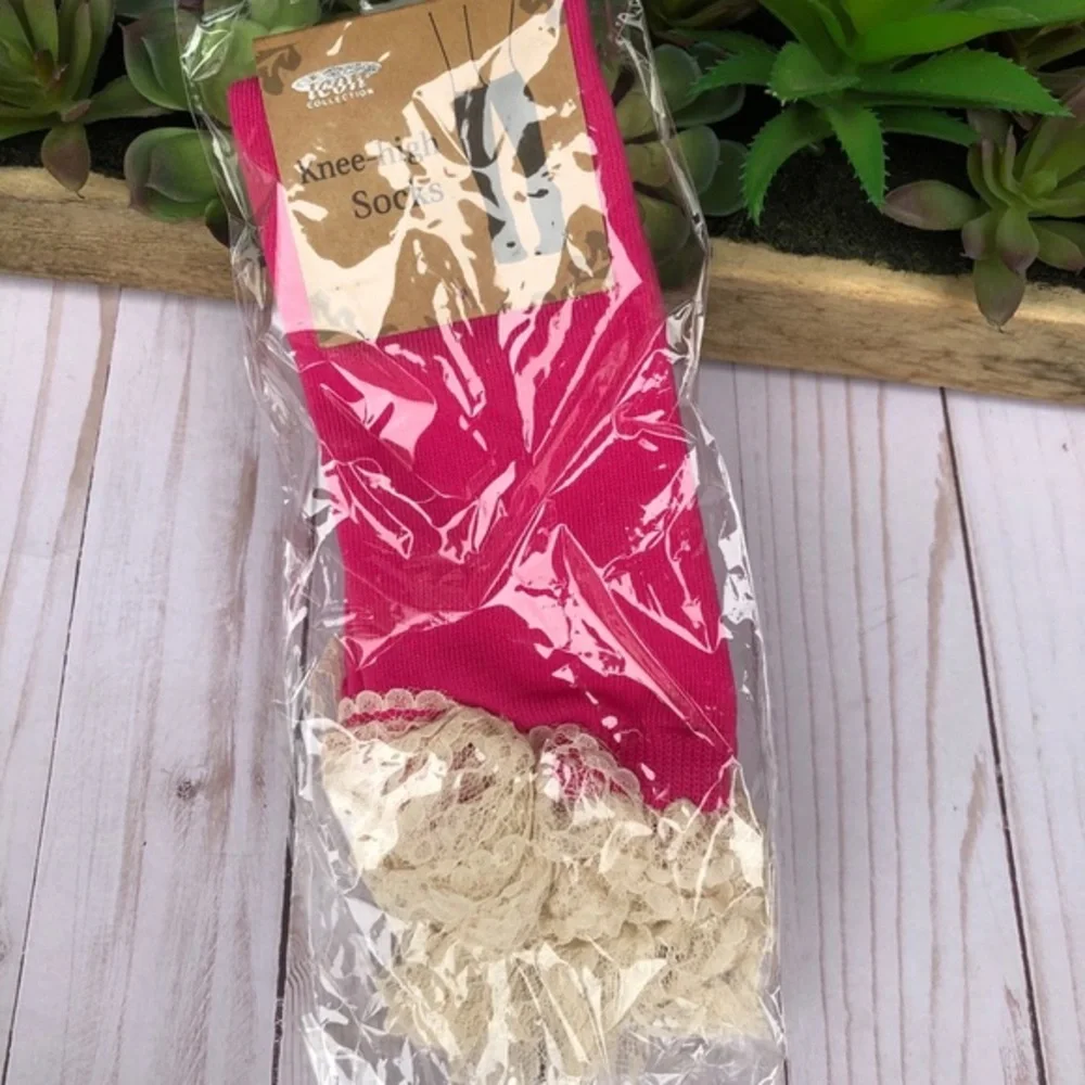 NWT boutique hot‎ pink with cream lace boot socks