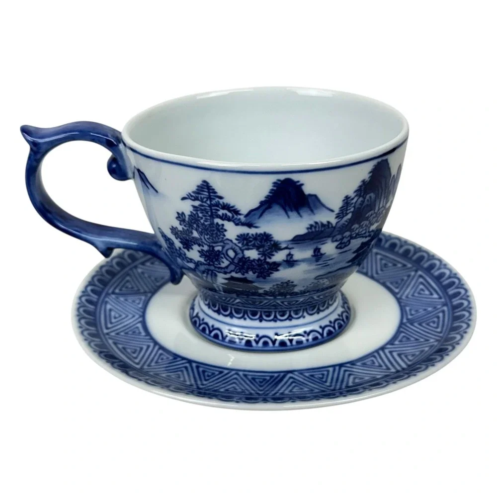 Bombay Four Mountains Blue White Porcelain Teacups Saucers Asian Landscape Set 4