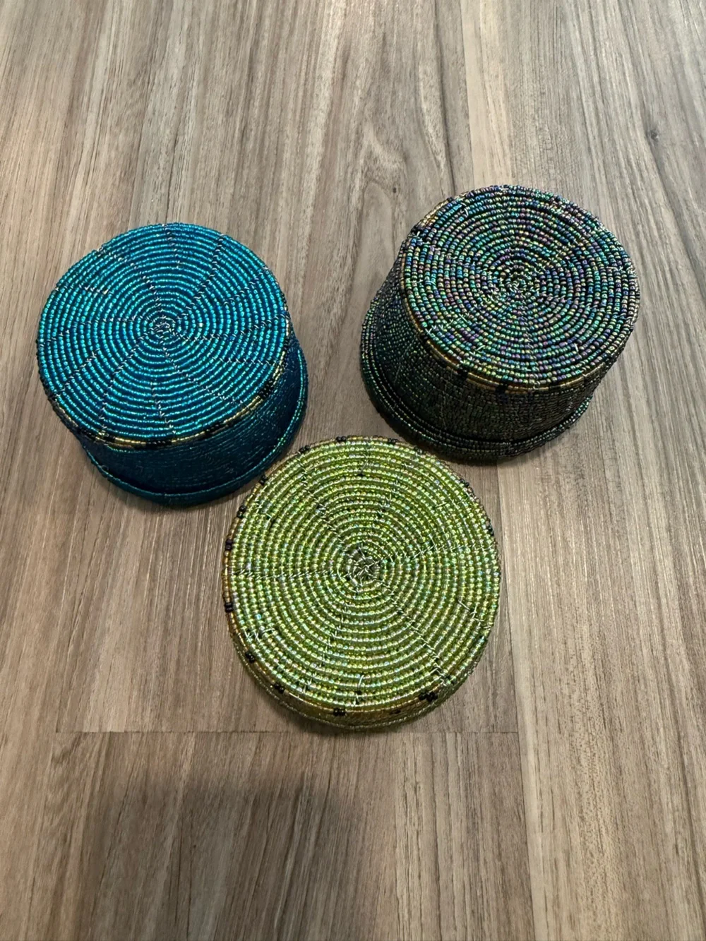 Handwoven Beaded Round Storage Boxes Set - Blue, Green & Multicolor