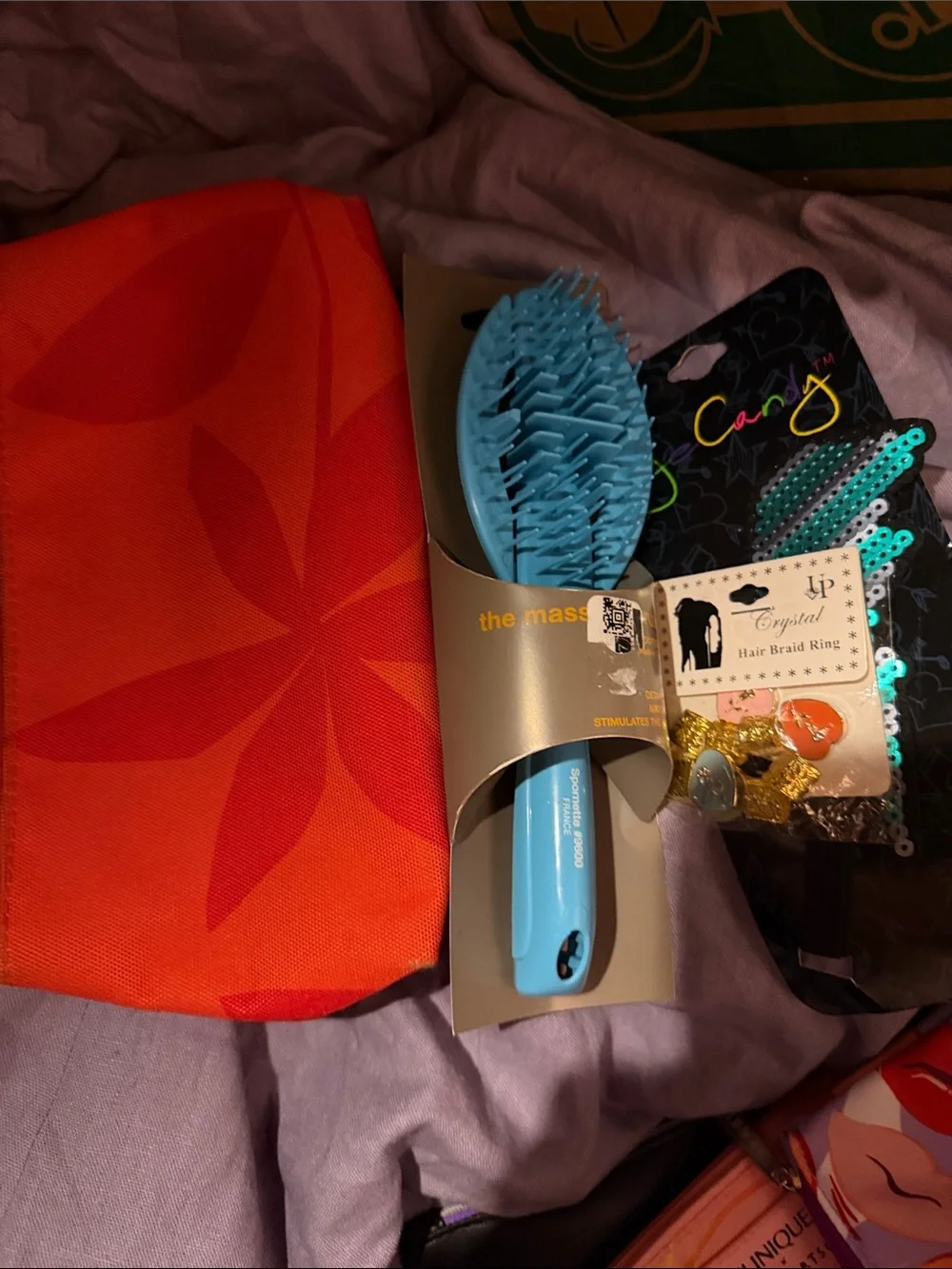 Blue Detangling Hair Brush with Orange Floral Pouch etc