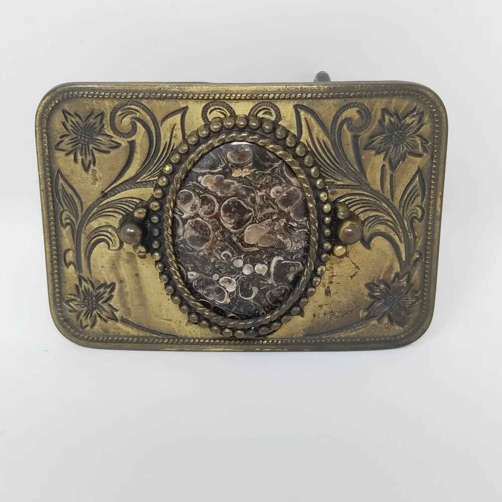 Vintage Brass Tone Belt Buckle With Brown Marble Like Stone