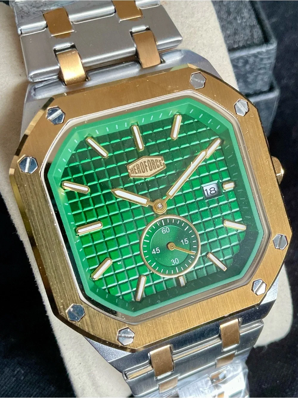 NIB Green and Gold Octagonal Square S/S Heroforce Watch Waffle Dial + Tool