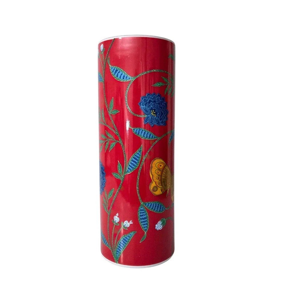 Otagiri Golden Butterfly Fraser Collection Red Floral Cylinder Vase Japan 9.5