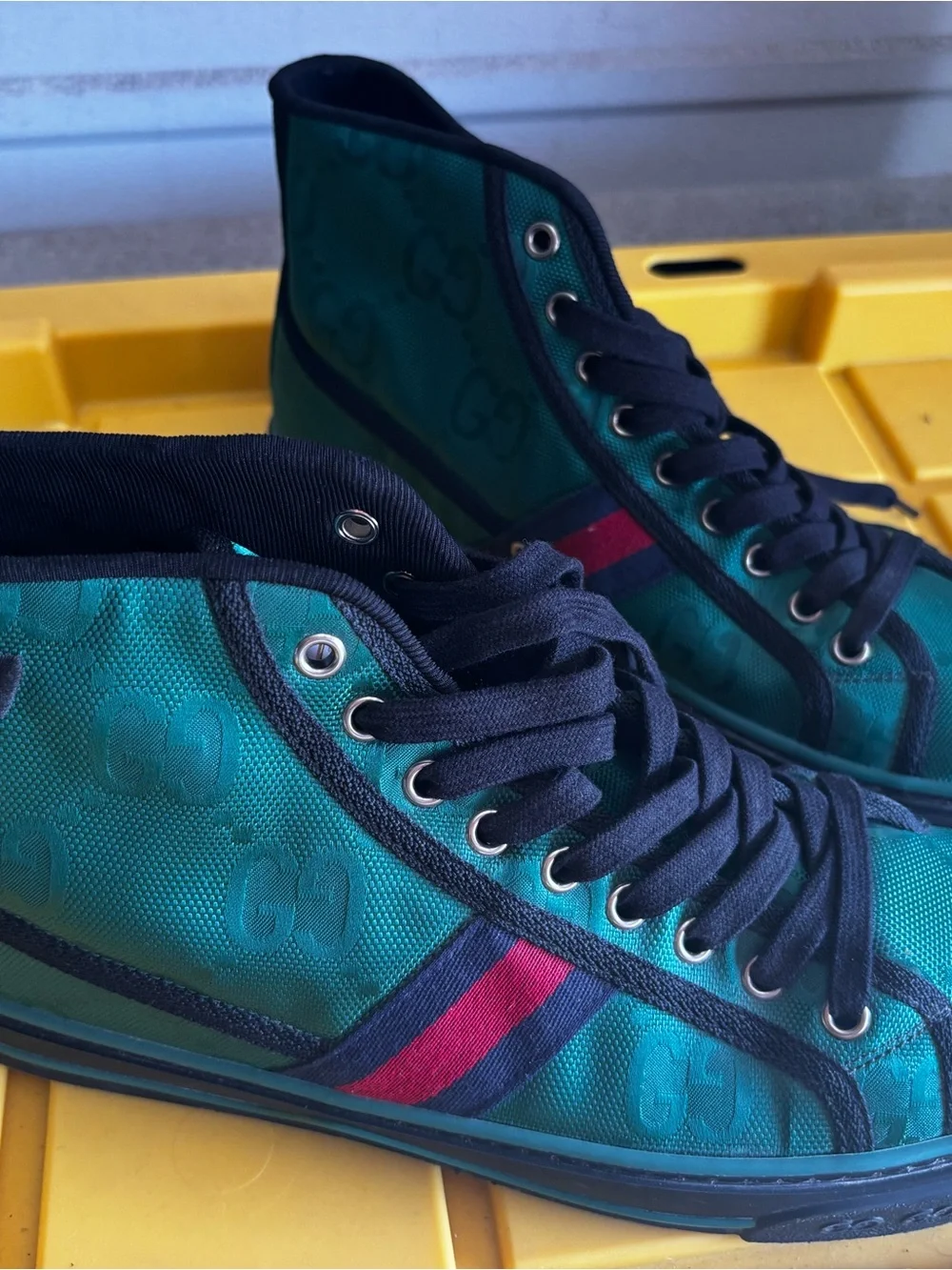 Gucci Teal High-Top Sneakers with Red and Navy Stripe