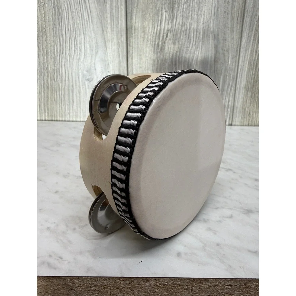 Wooden Handheld Tambourine 4 Inch Small Percussion Drum with Metal Jingles