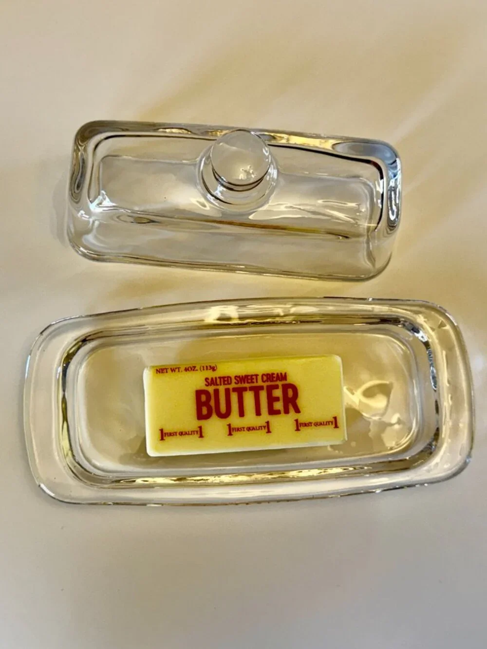 Vintage Heavy Clear Glass Butter Dish Covered Butter Keeper Modern Rectangle