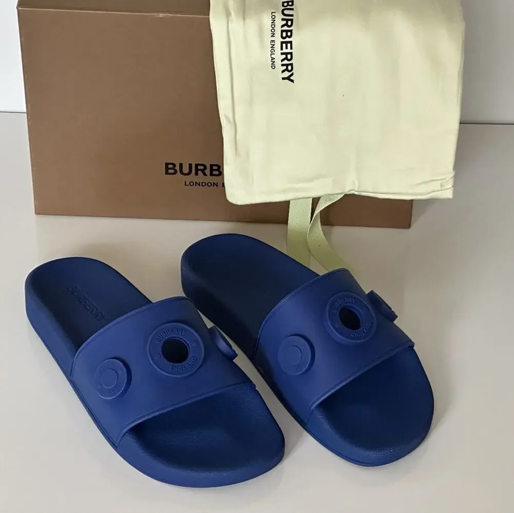 NIB $420 Burberry Eyelet Men’s Furley Royal Blue Slide Sandals 11 US 8049674 IT