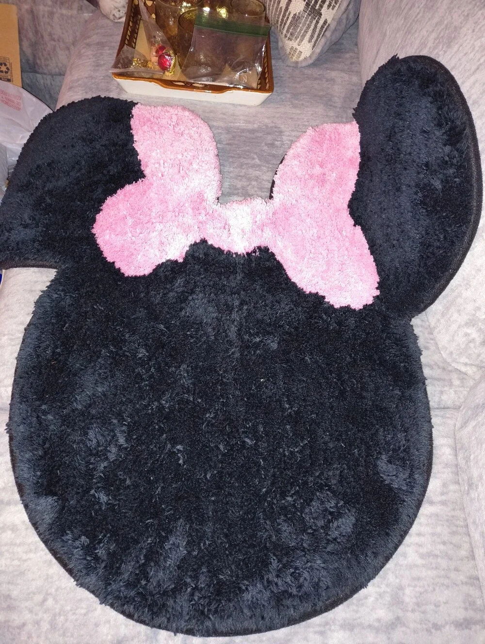 Plush Black Minnie Mouse-Shaped Rug with Pink Bow