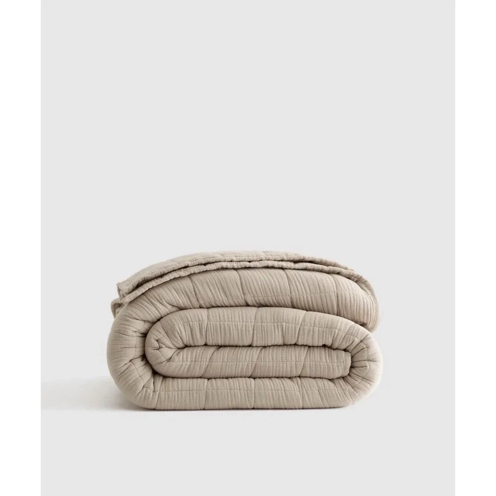 Quince Organic Airy Gauze Box Quilt & Honeycomb Sham Set Queen Dune Gray $204