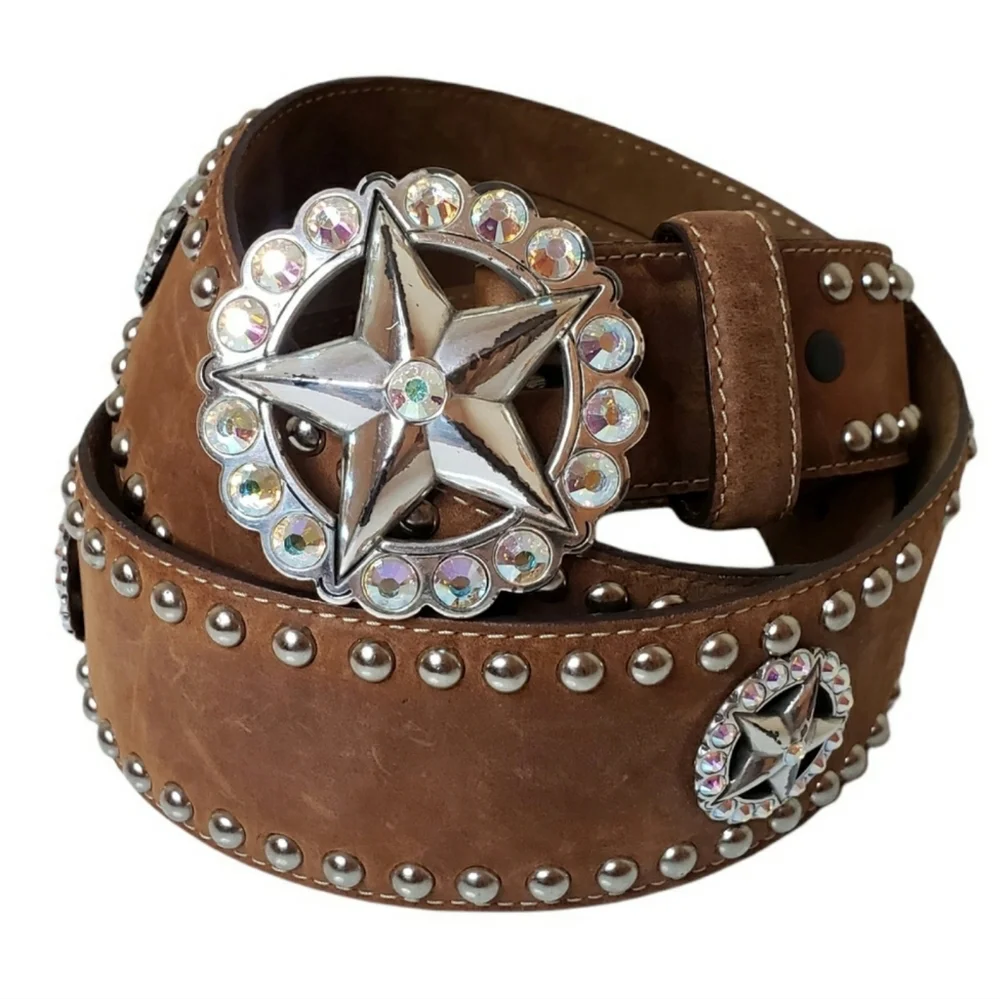 Tony Lama Texas Ranger Star Buckle Leather Western Belt Beaded size 38