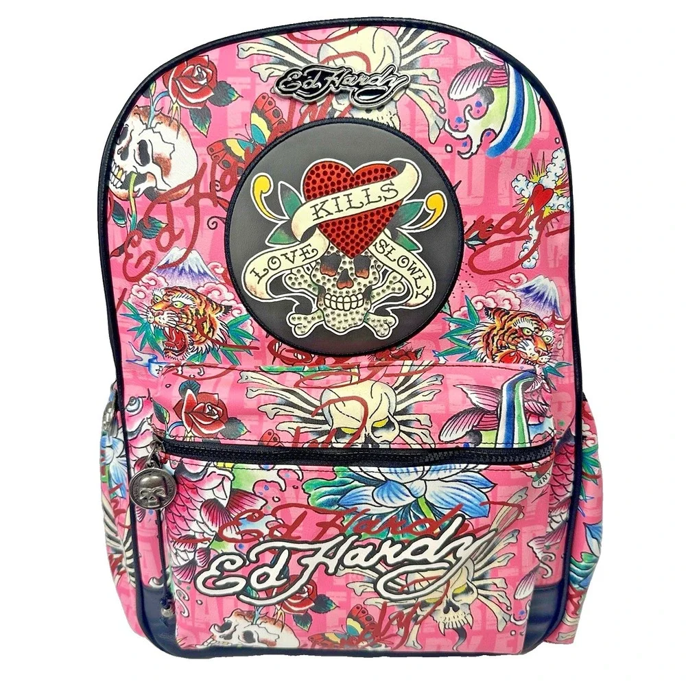 Ed Hardy Pink Multi Backpack Love Kills Slowly Skull Tattoo Rhinestone Y2K NWT