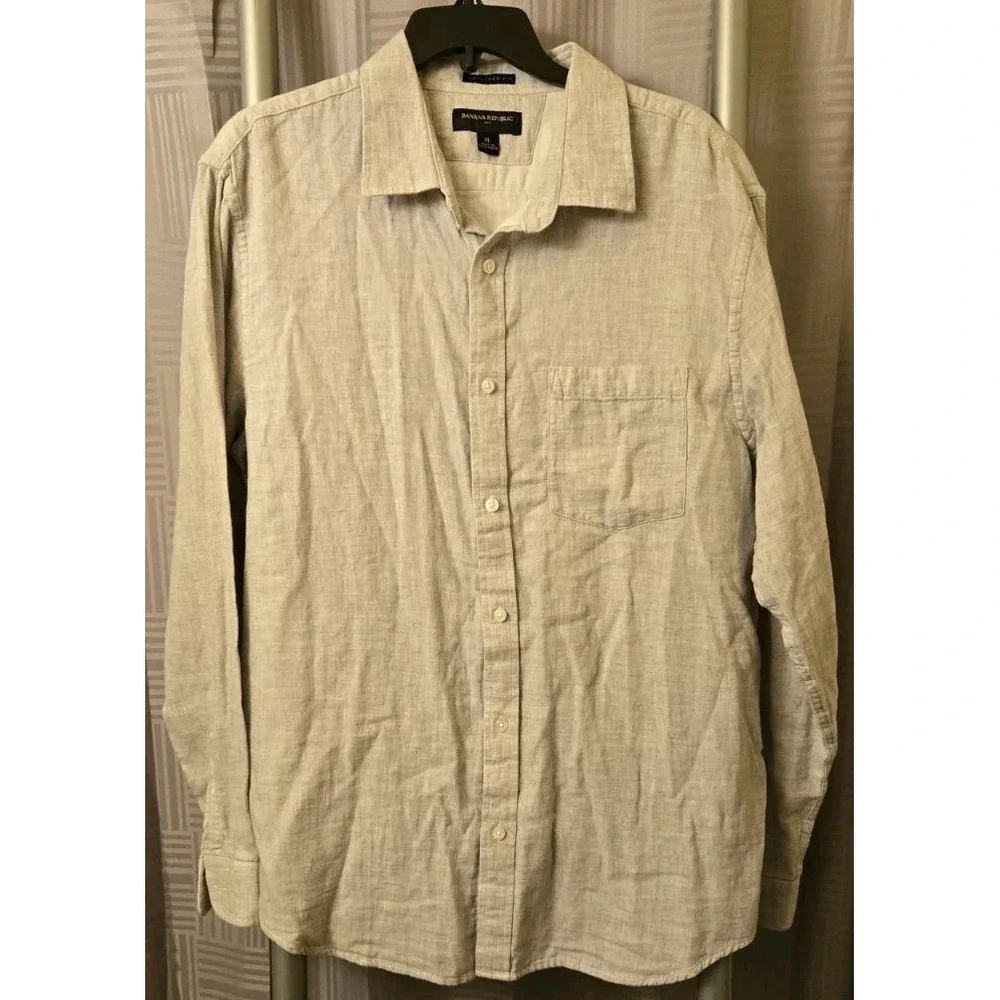 Banana Republic Untucked Fit Light Gray‎ Shirt Mens XL Button Down Double Weave