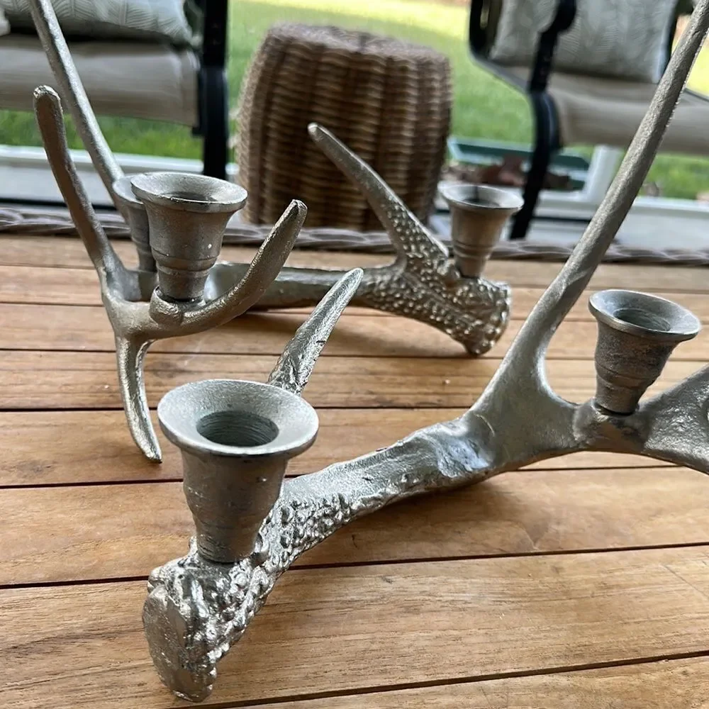 - Vintage Deer Antler Aluminum Candle Stick Holder Decor (2)