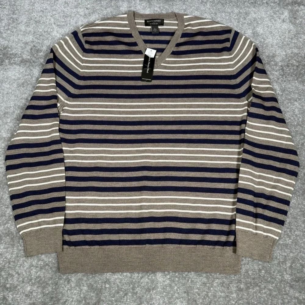 Banana Republic Sweater‎ Men's Large Brown Blue Striped Merino Wool Long Sleeve