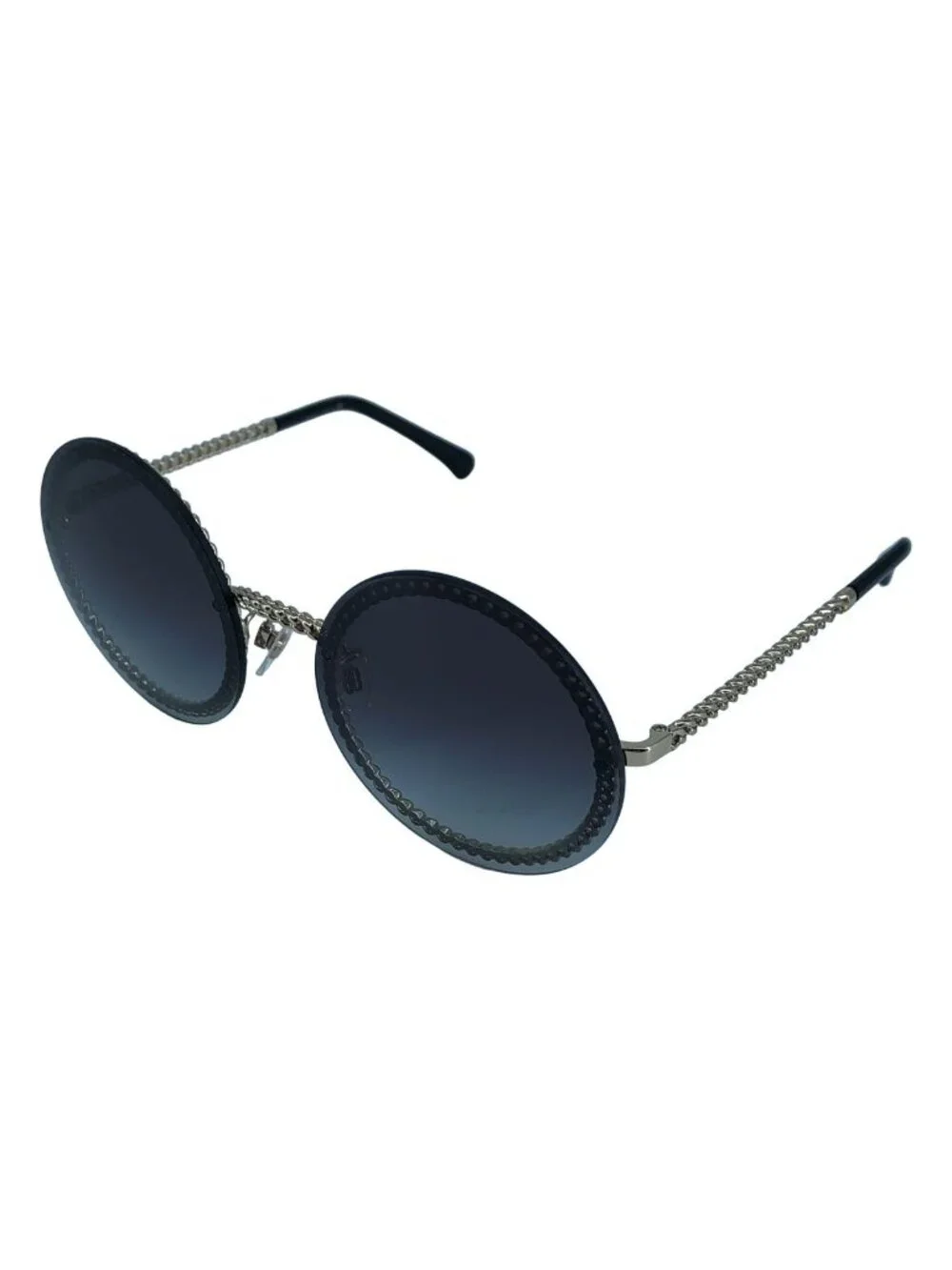 Chanel Mademoiselle CC Logo Chain Oval Sunglasses 58 Black Gold Eyewear