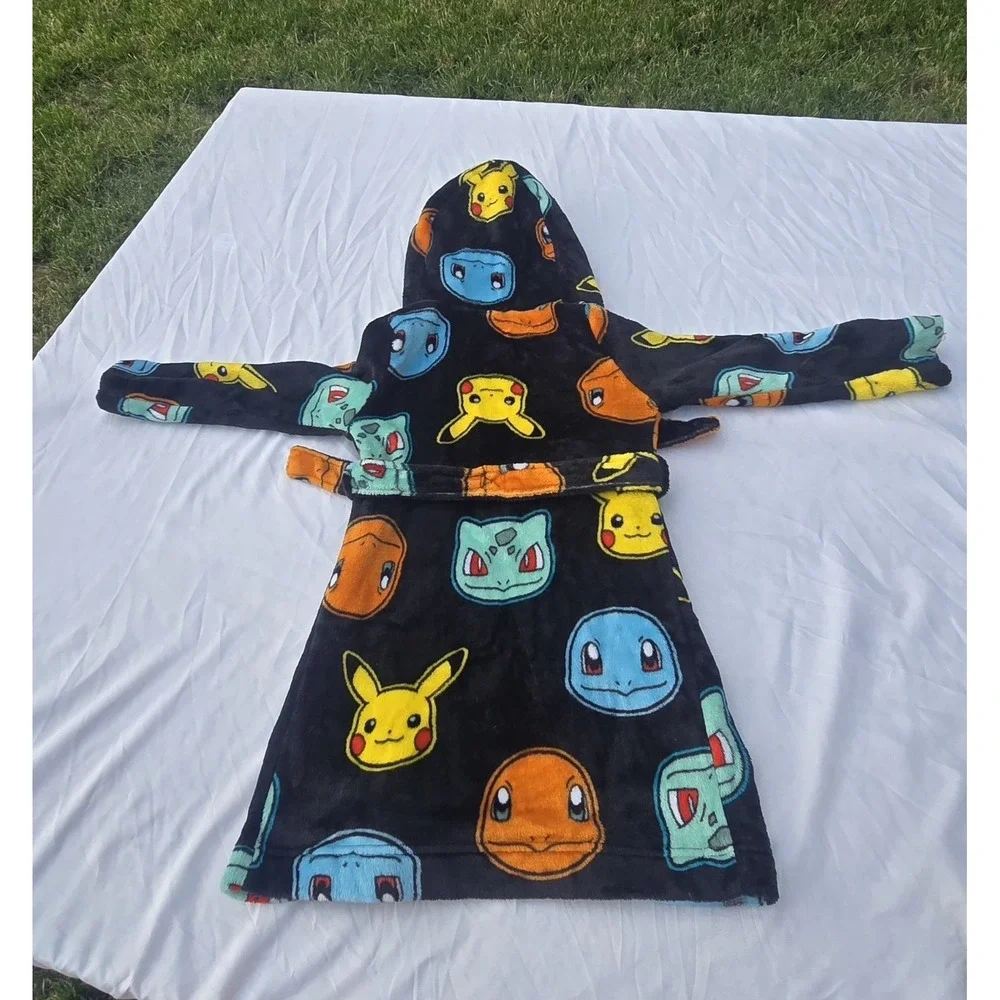 Pokemon Pikachu Character Plush Fleece Hooded Bathrobe Robe Kids Boys 6/7