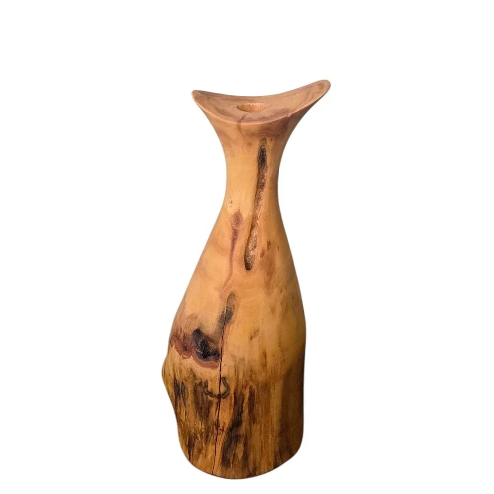 Turned Wooden Vase Rustic Knotty Asymmetrical Flared Rim Solid Piece of Wood 15