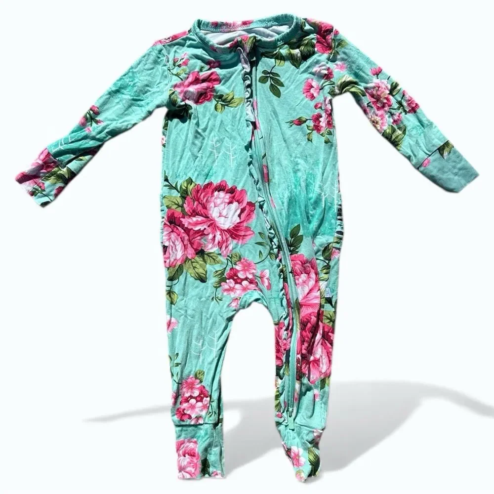 Posh Peanut Aqua Floral Bamboo Zip Footie Pajamas 9-12M Ruffle Sleeper