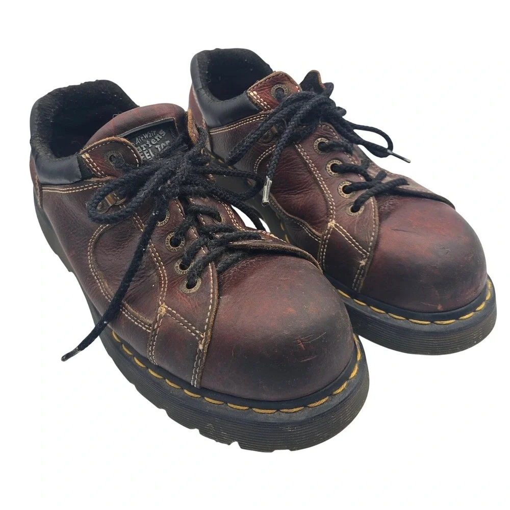 Dr. Martens 7A12 Steel Toe Work Shoes Mens 11 Brown Leather Low Top Boots Y2K