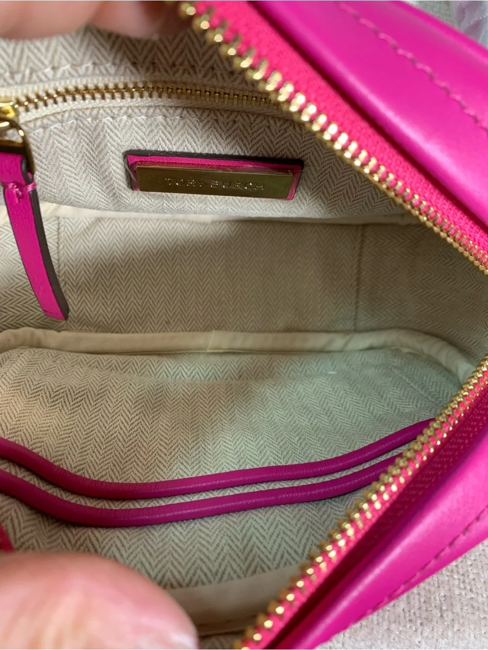 Tory Burch Kira Chevron Crazy Pink Quilted Leather Small Camera Crossbody Bag