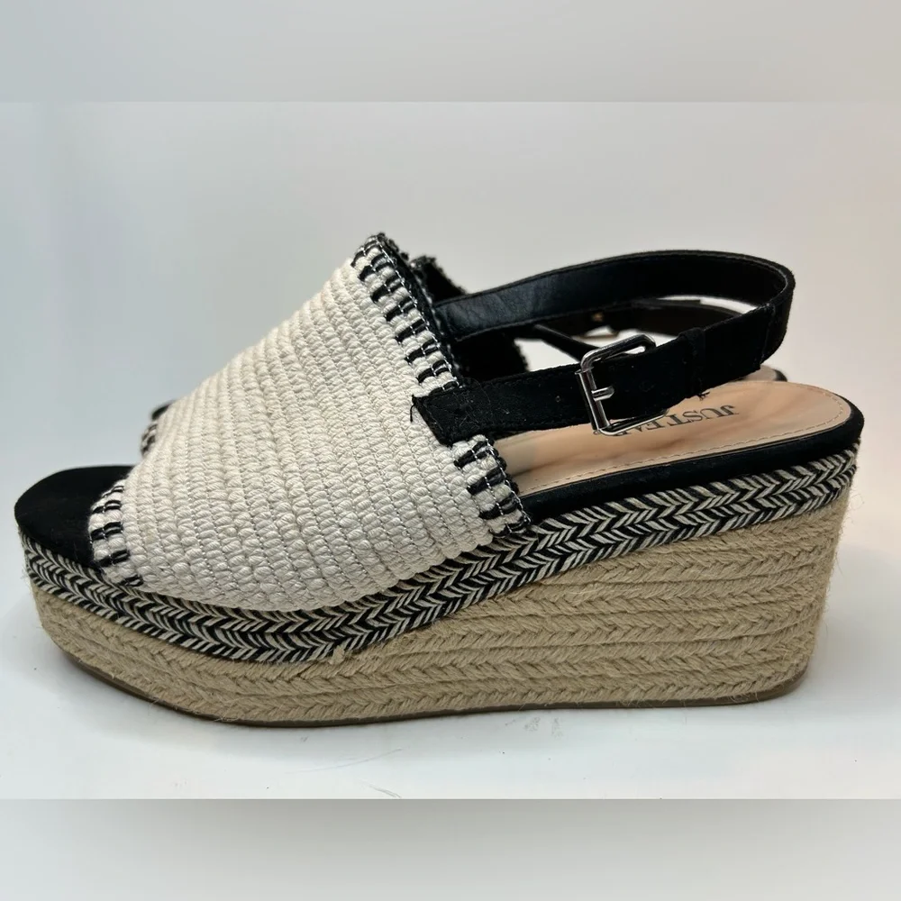 Just Fab Espadrille Woven Black & Cream Open Toe Platform Wedge Size 9