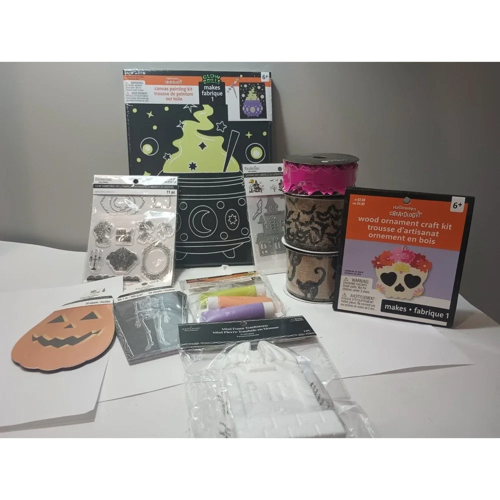 Huge Halloween Craft Supplies Lot Stamps Dies Wired Ribbon Canvas Paper Pads NEW