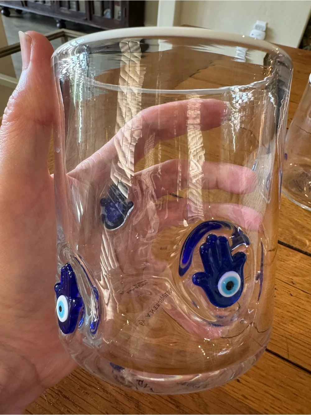 NWT Pair of Anthropologie Clear Juice Glass with Blue Hamsa Motifs