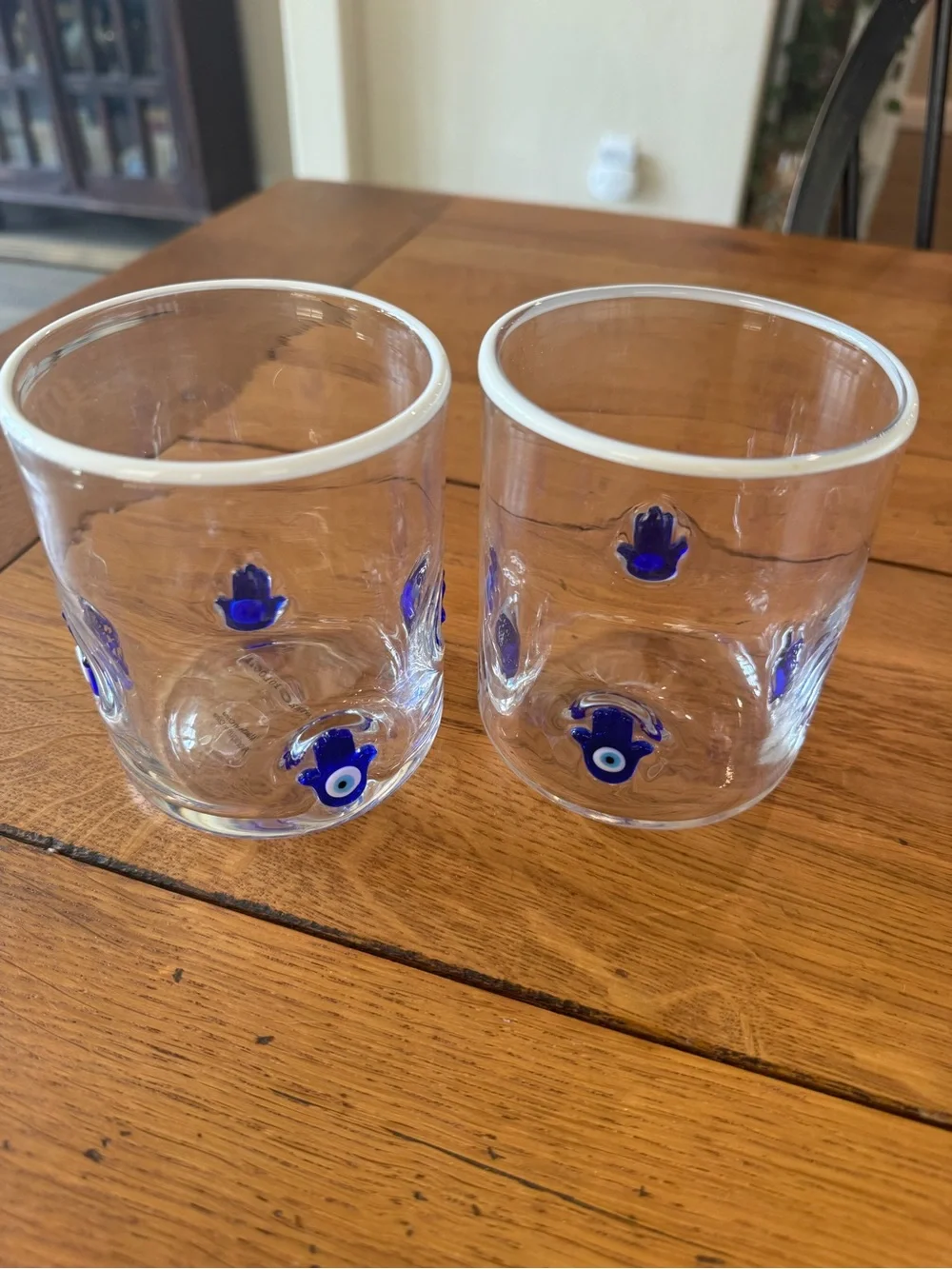 NWT Pair of Anthropologie Clear Juice Glass with Blue Hamsa Motifs