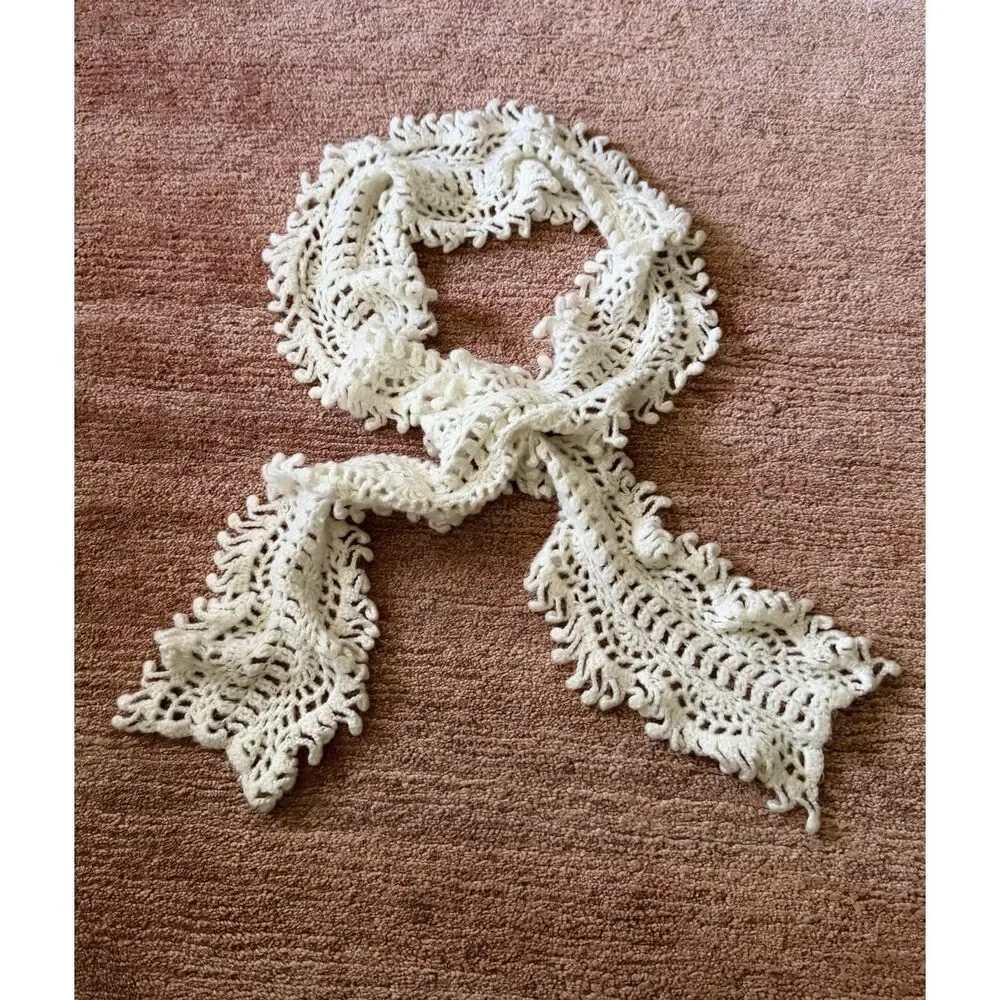 Cream Crochet Knit Scarf Boho Textured Fringe Wrap 70x6