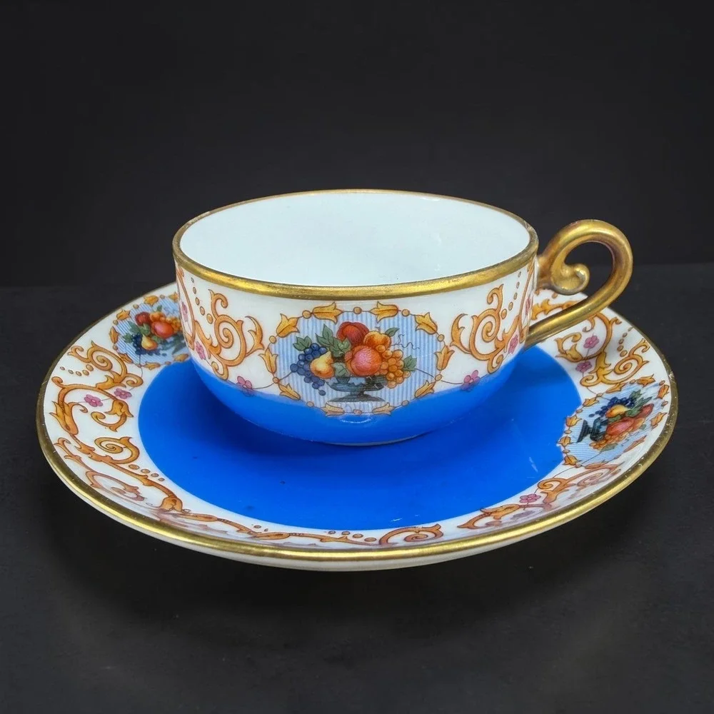 Antique SPM Germany Porcelain Tea Cup Saucer Set Cobalt Blue Gold Fruit Gilt VTG