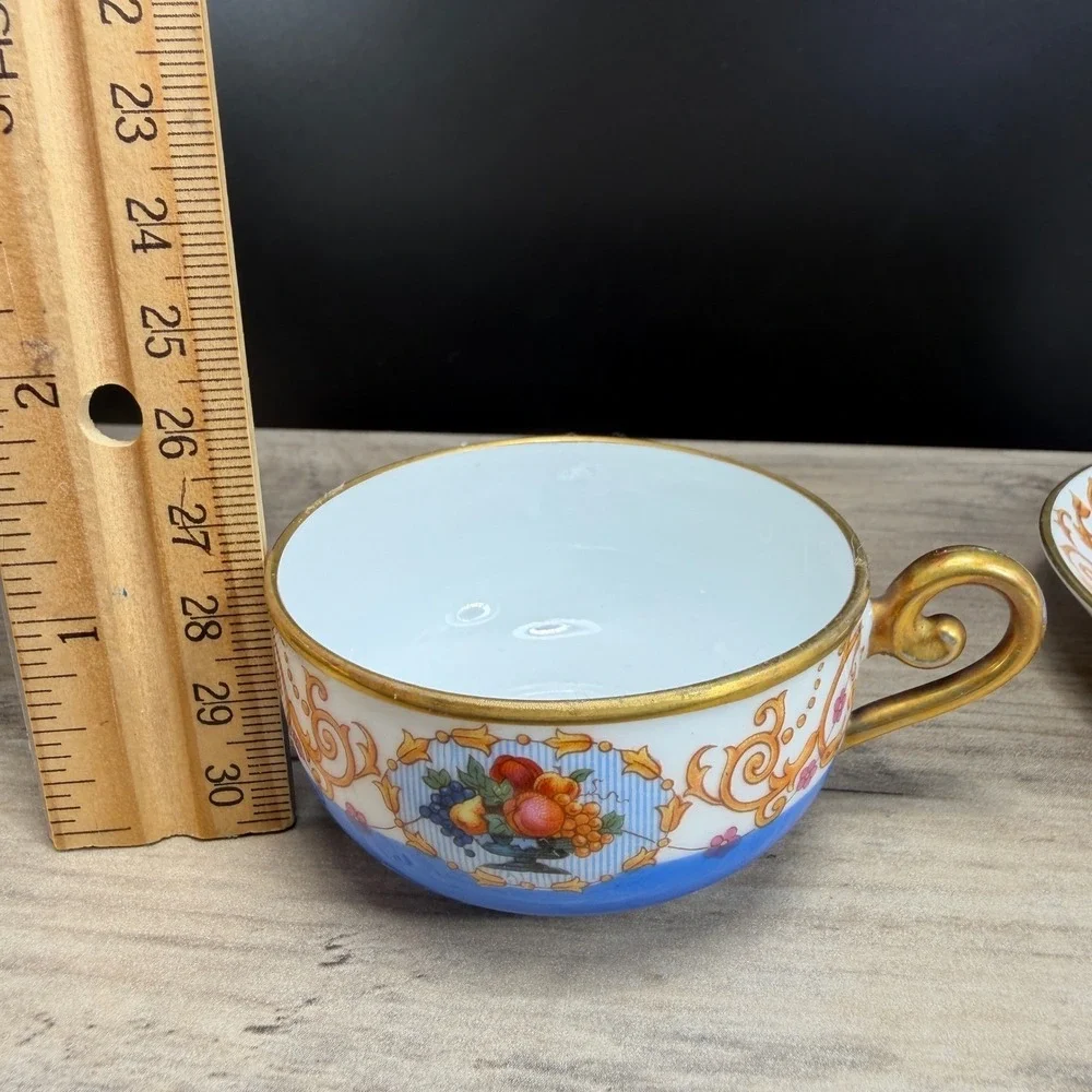 Antique SPM Germany Porcelain Tea Cup Saucer Set Cobalt Blue Gold Fruit Gilt VTG