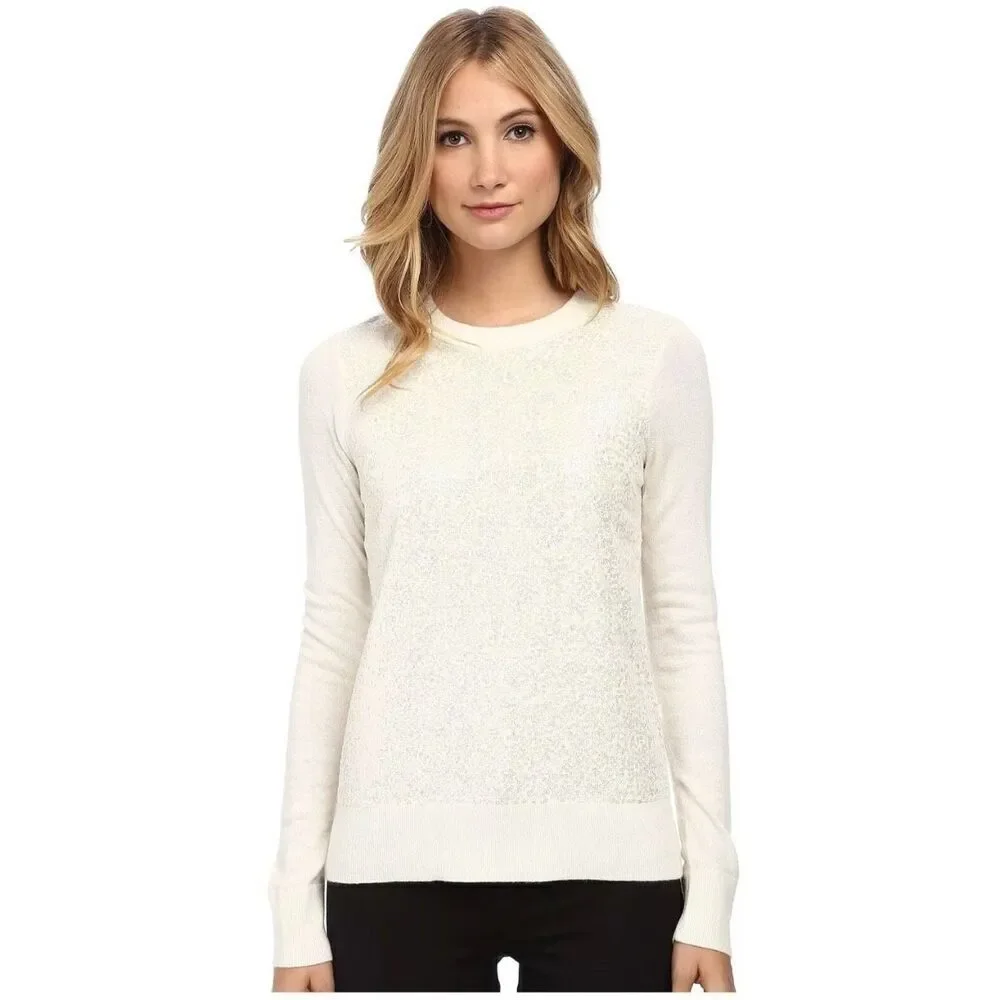 Kate Spade New York Ivory Sequin Front Sweater Keyhole Back Black Satin Bow Sz S