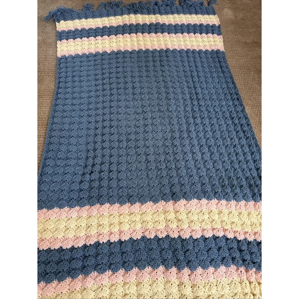 Afghan Blue Pink Off White‎ Handmade By Mother Blanket 72
