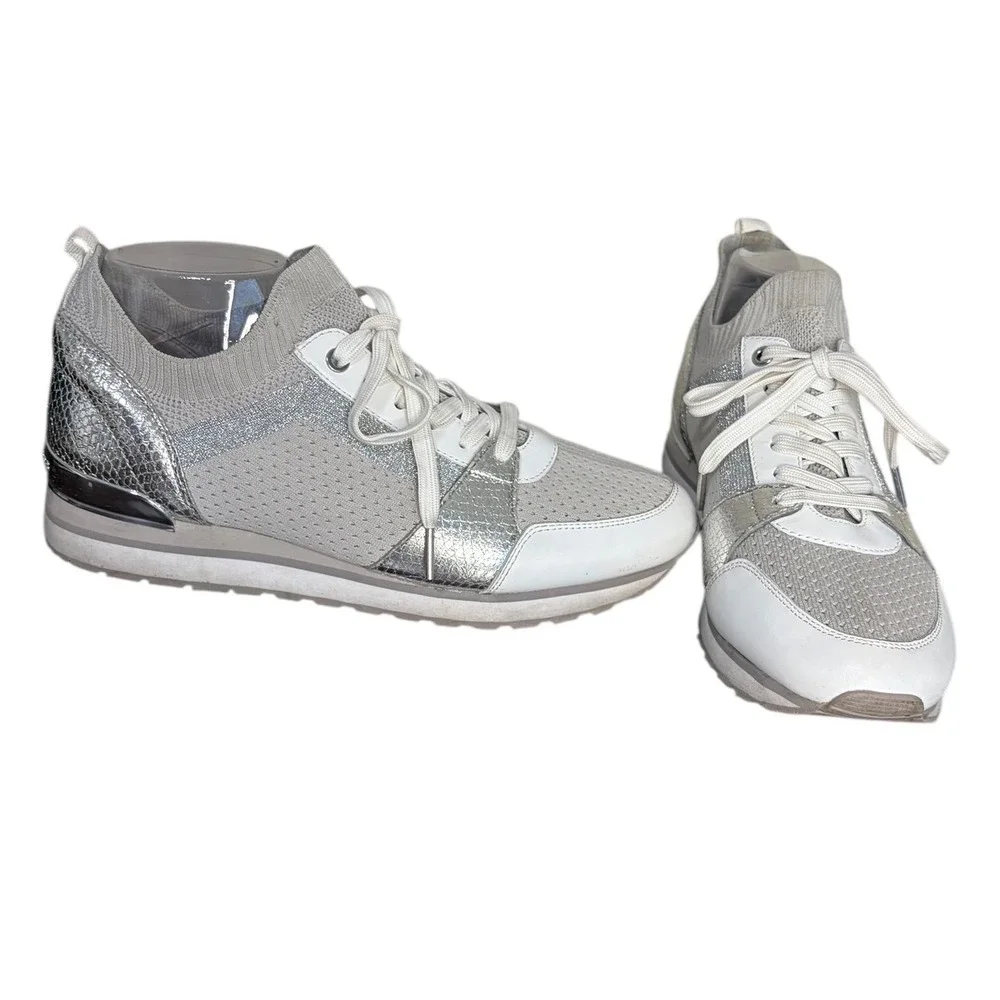 Michael Kors Billie Silver Knit‎ Sock Sneakers Metallic Accent Lace Up Size 10M