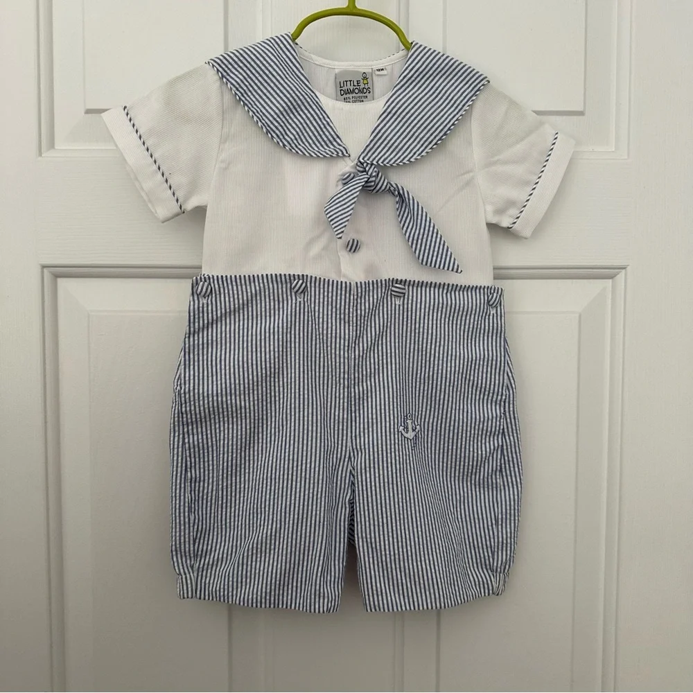 Little Diamonds Nautical Sailor Baby Boys Button-In Outfit Shorts Blue Stripe