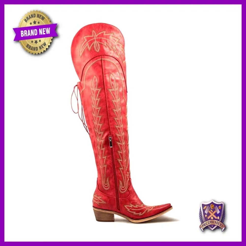 Thigh High Cowgirl Boots Wide Calf Western Embroidered Over The Knee Boots