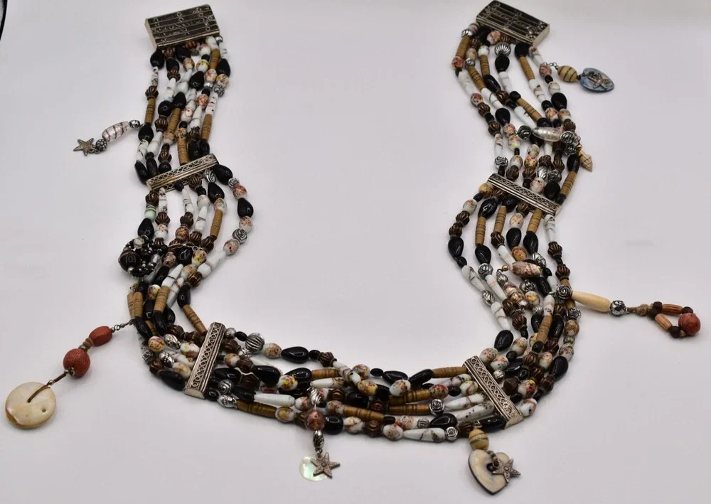 Vintage Multi-Strand Black White Glass Beaded Charm Belt 37” Boho Artisan Coast