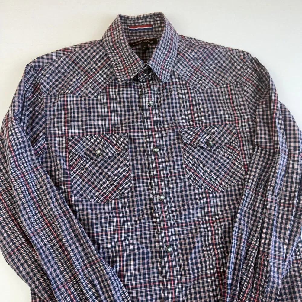 Banana Republic Western Shirt Mens S Pearl Snap Long sleeve Red, Navy Plaid