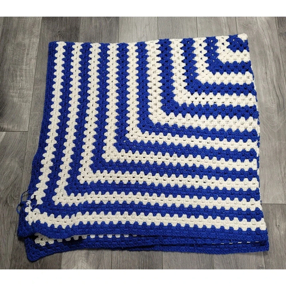 Handmade Crocheted Blanket Throw Granny Square Pattern Blue White Approx 60 x 58