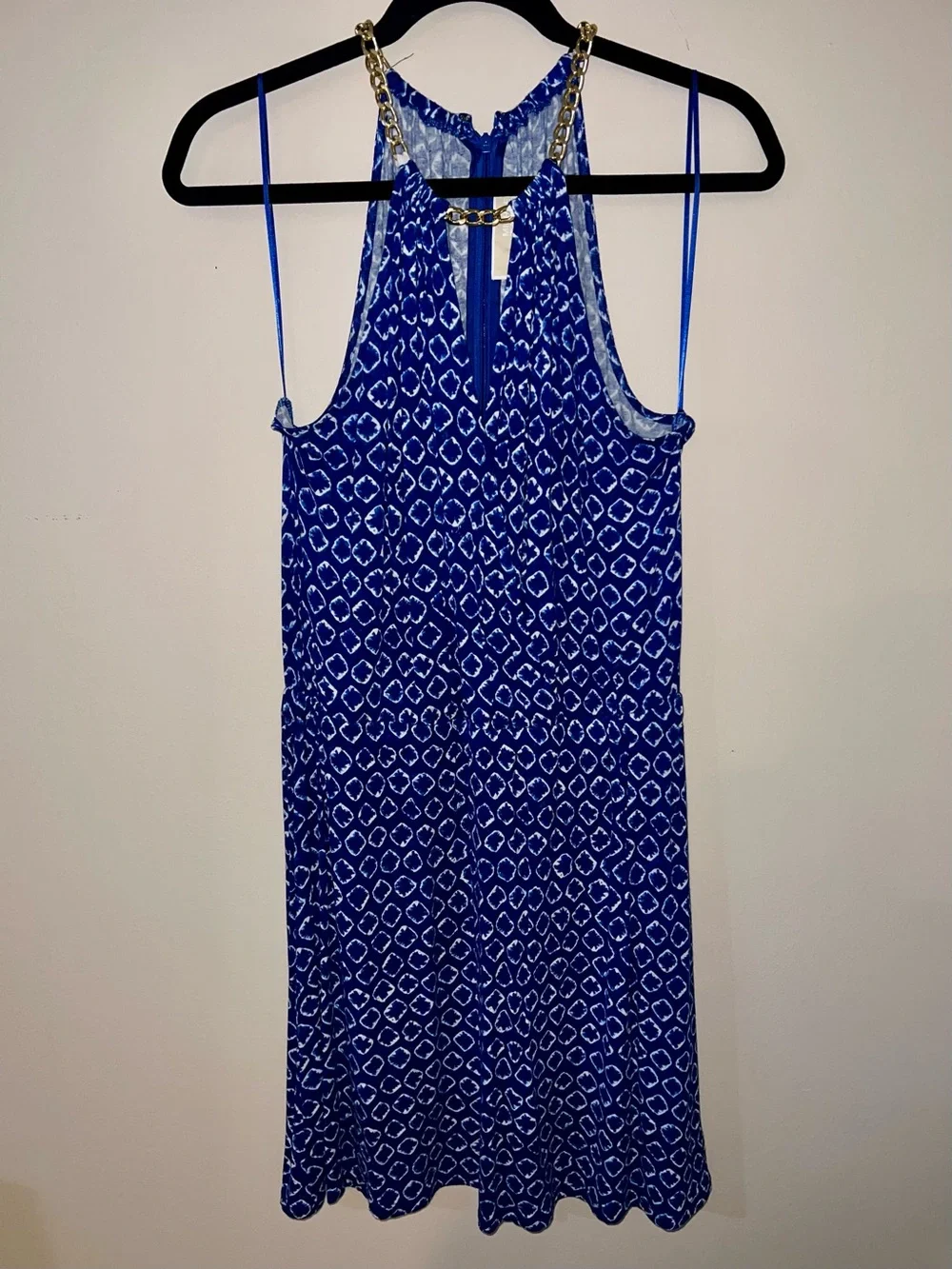 Michael Kors Blue Printed Halter Dress with Gold Chain Detail