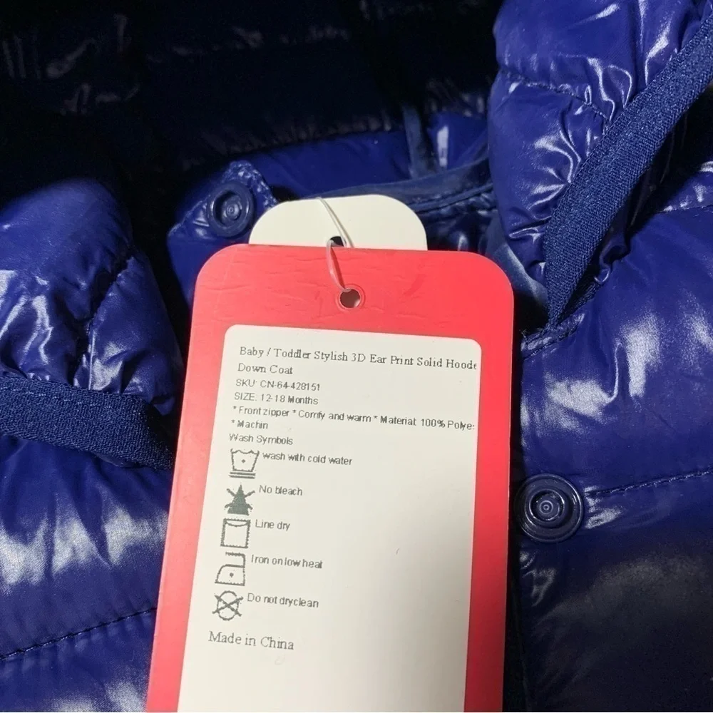 New Baby Down 3D Hooded Eared bear coat puffer 12-18 mths blue BNWT.